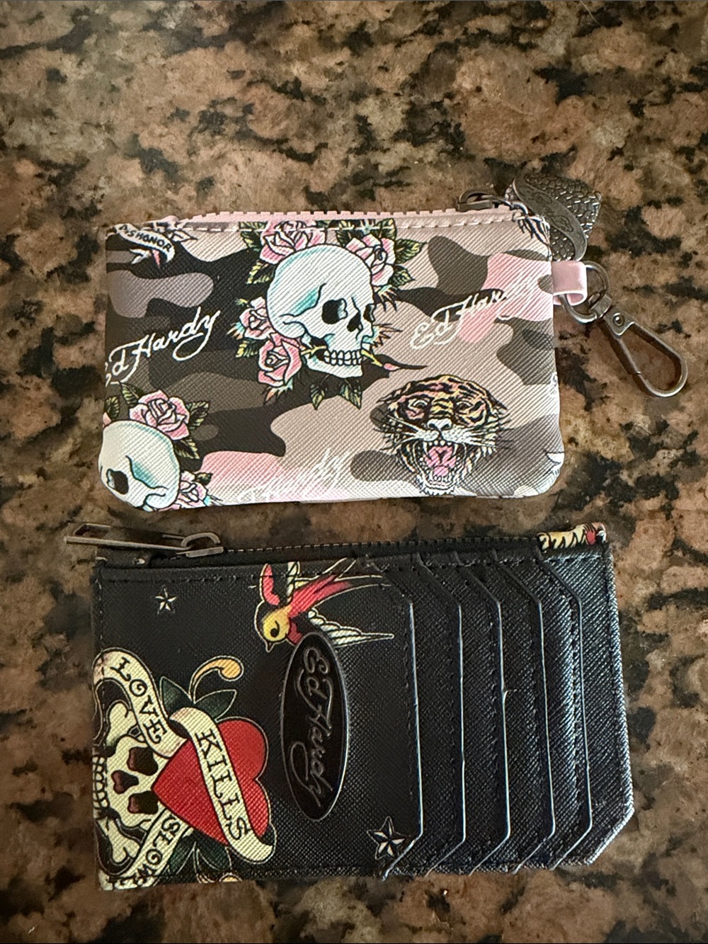 Ed Hardy Pink Camo Skull Zip Pouch with Black Tattoo Cardholder